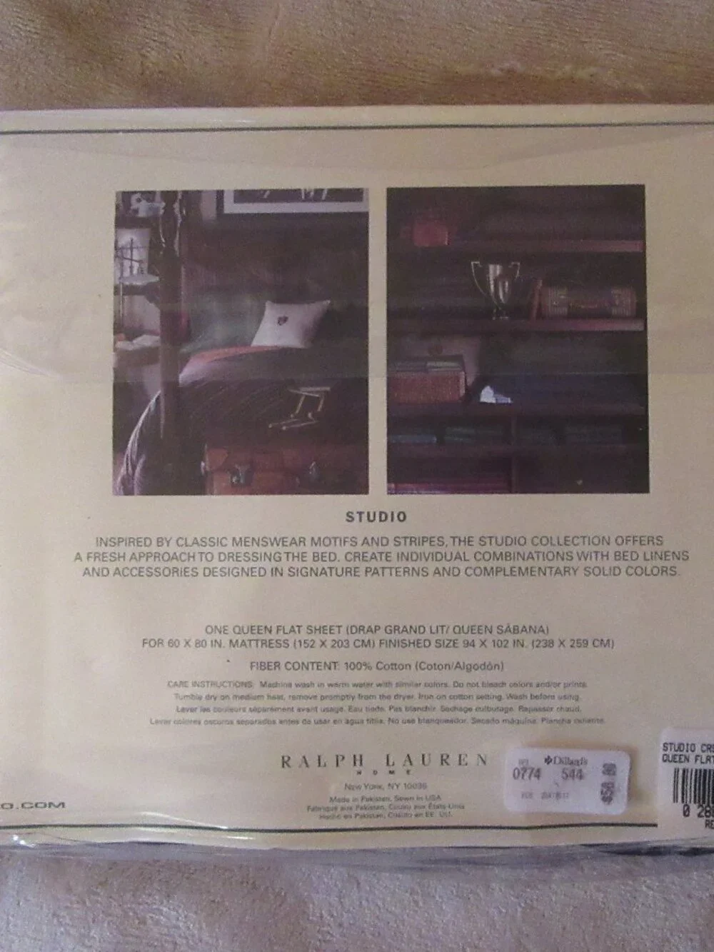 New in Package Unused Vintage Ralph Lauren Queen Flat Sheet Studio Crest Stripe